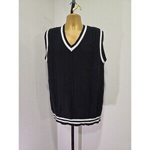 Black Cable Knit Cotton Sweater Vest Mens XL Preppy Golf Tennis Academia Varsity